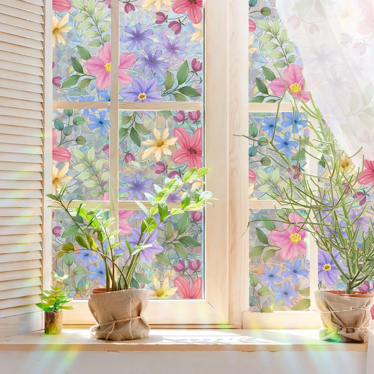 Reusable Static Cling Window Stickers 100cm Colorful Flower Decals 2-Sided View Sunlight Effects Glass Decor for Home/Shop