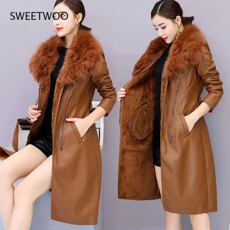 Pu Leather Long Sleeve Winter Jacket and Coat for Women Fur Collar Faux Leather Jacket Korean Soft Plush Lining Warm Slim 2022