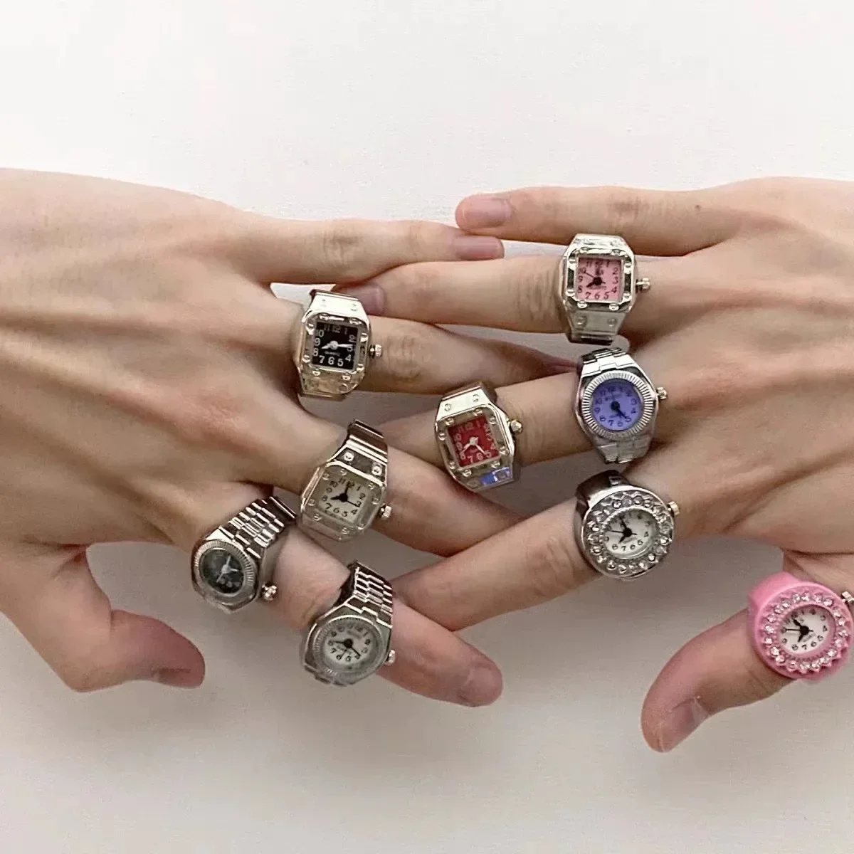 Couple Finger Watch Ring Couple Finger Watch Ring Vintage Punk Elastic Alloy Band Men Women Jewelry Clock Roman Numerals Dial 28Style Mini Quartz Watches