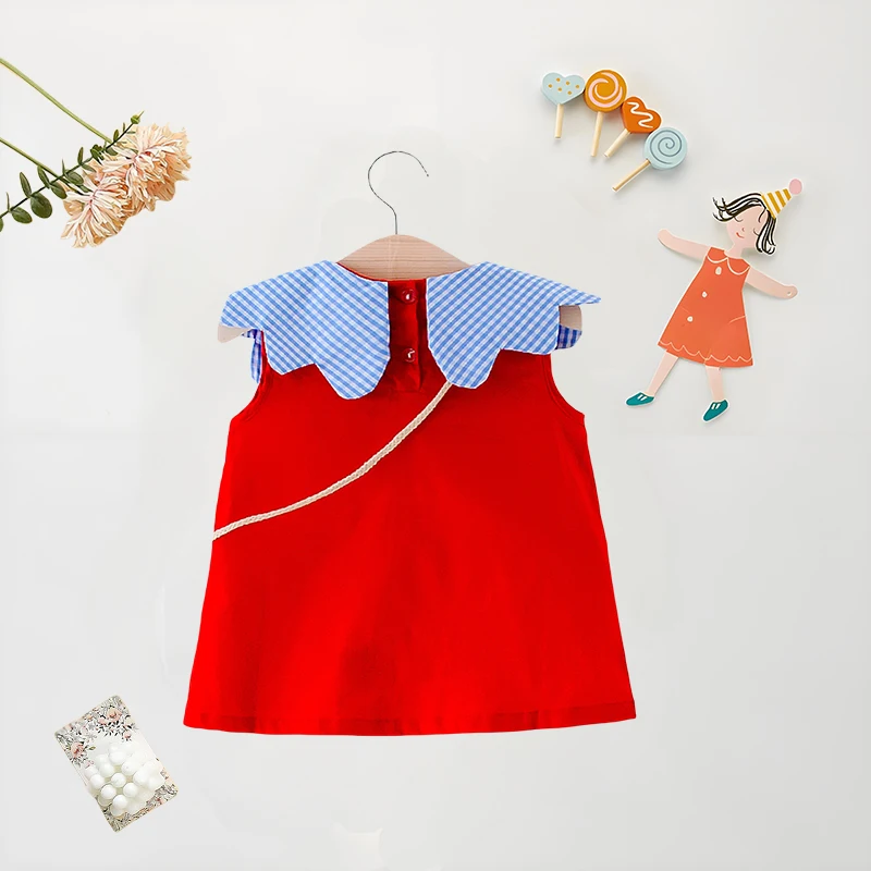 Summer Baby Girl Dress+Bag 2 Pcs Plaid Big Collar Solid Color Dress Cute Loose Cotton Comfortable Sleeveless Dress girls dress baby girl dress
