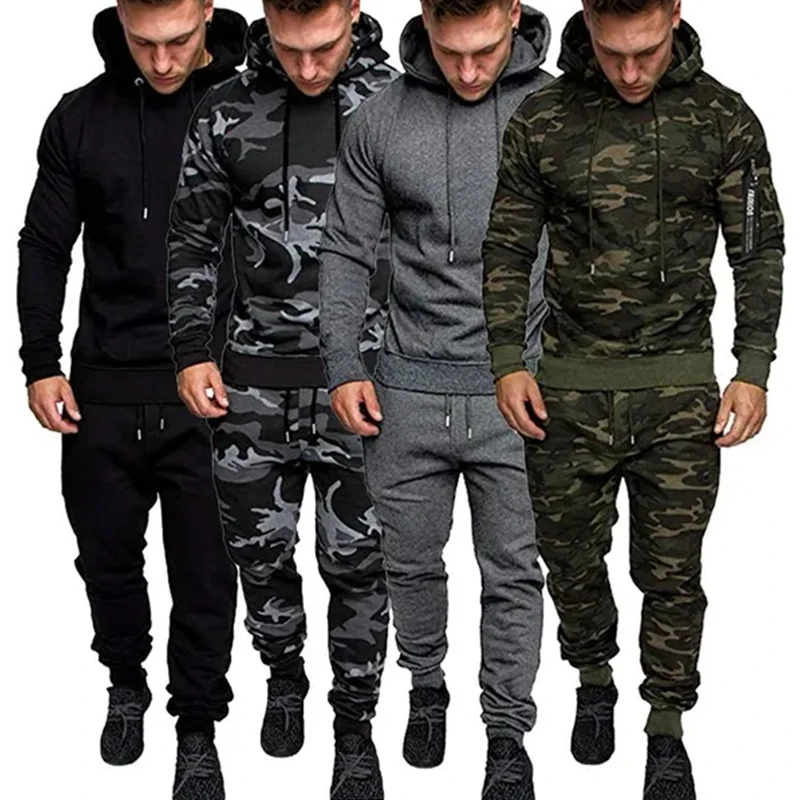 

Autumn Men Fitness Tracksuit Sport Set Camo Printed Hoodies Coat + Pants Sportwear Suit Male Outdoor Running Jogging Sets