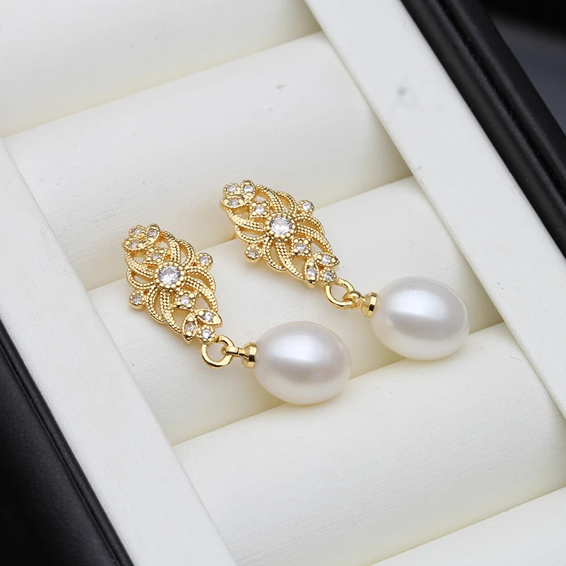 Natural Freshwater Pearl Drop Earrings For Women,Gold Plated 925 Sterling Silver Real Pearl Earrings Vintage Wedding Gift natural leaves gold plated bag silver buttonwood leaf butterfly pendant handmade diy necklace pendant earrings c393