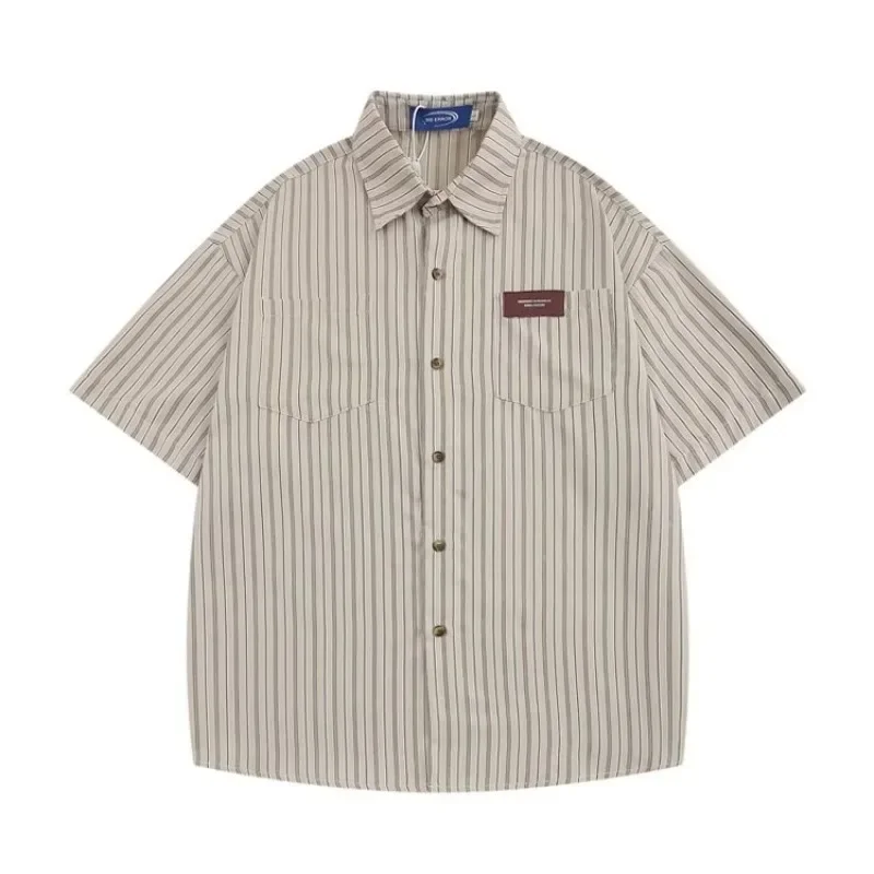 Retro Vertical Stripe Short Sleeve Shirt For Men Loose Versatile Casual Summer Thin Shirt