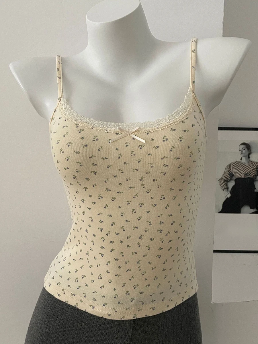Floral Eyelet Lace-Trim Bow Tank Top - Women's Slim Cotton Camisole