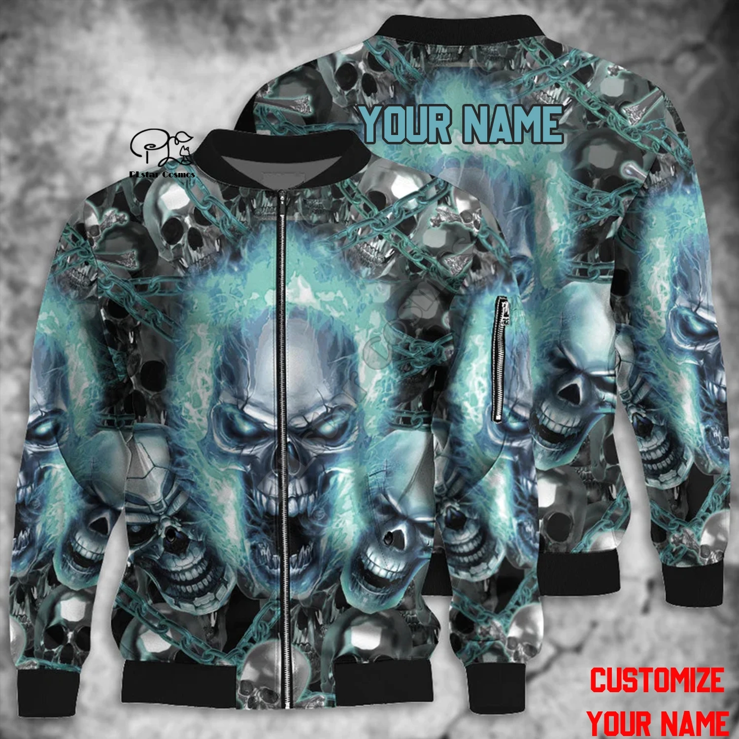 Halloween Series 3D Printed Horror Skull Customized Name Latest Unisex Winter Warm Zippered Flight Jacket Casual W-2