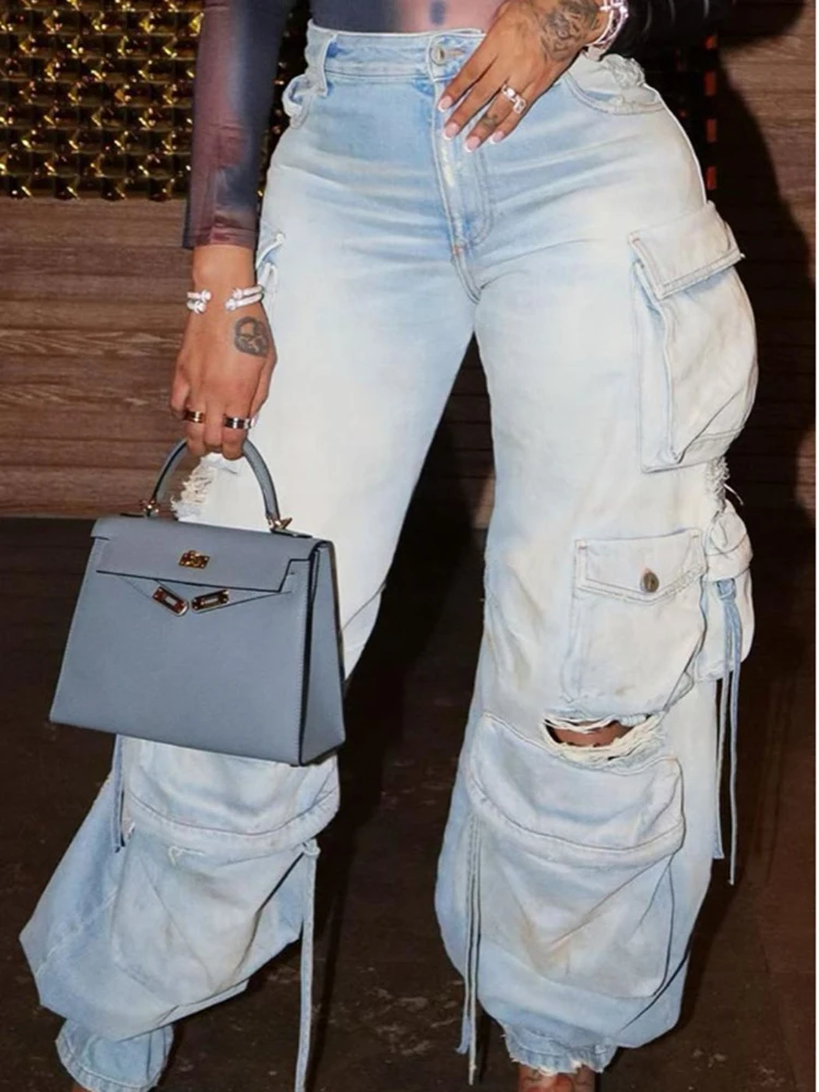 Fashion Washed Process Worn Out Cargo Jeans Women with Pockets Cotton Vintage Casual Denim Pants Women High Street Y2k Trousers houzhou oversized cargo jeans women baggy punk style grunge y2k high street vintage wide stacked jeans with pockets denim pants