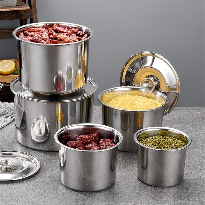 Stainless Steel Food Storage Organizer Can with Lid Round Grains Spice Box Durable Egg Sugar Bowl Stew Pot Home Kitchen Items 3