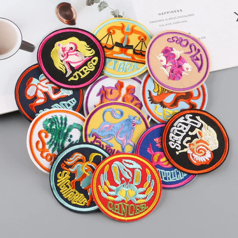 Embroidery Iron On Zodiac Patches Set Round Constellation Badges Gemini