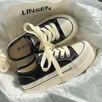 Women's Thick Bottom Canvas Shoes Spring Autumn 2025 Fashion Small Audience Design Korean Style Versatile White Sneakers
