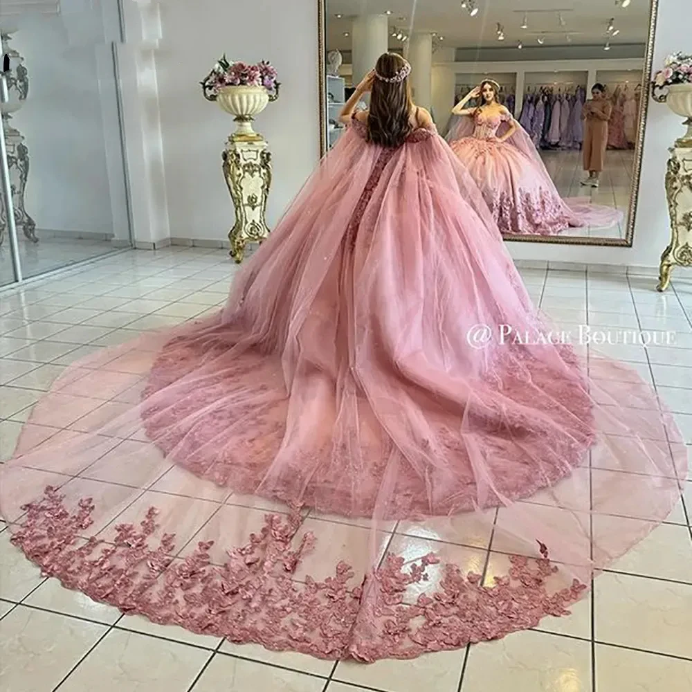 ANGELSBRIDEP Pink Ball Gowns Quinceanera Dresses With Cape 3D Lace Appliques Beading Corset Vestidos De XV Anos Customized