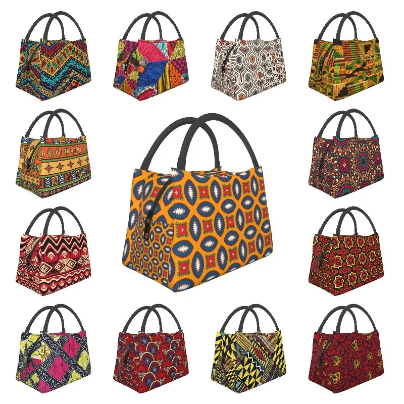 Colorful African Ankara Pattern Thermal Insulated Lunch Bags Women Geometric Lunch Container for Office Outdoor Meal Food Box