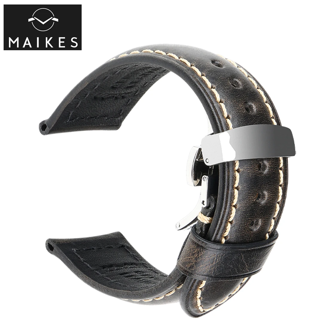 Vintage Genuine Leather Watch Strap with Butterfly Buckle Clasp
