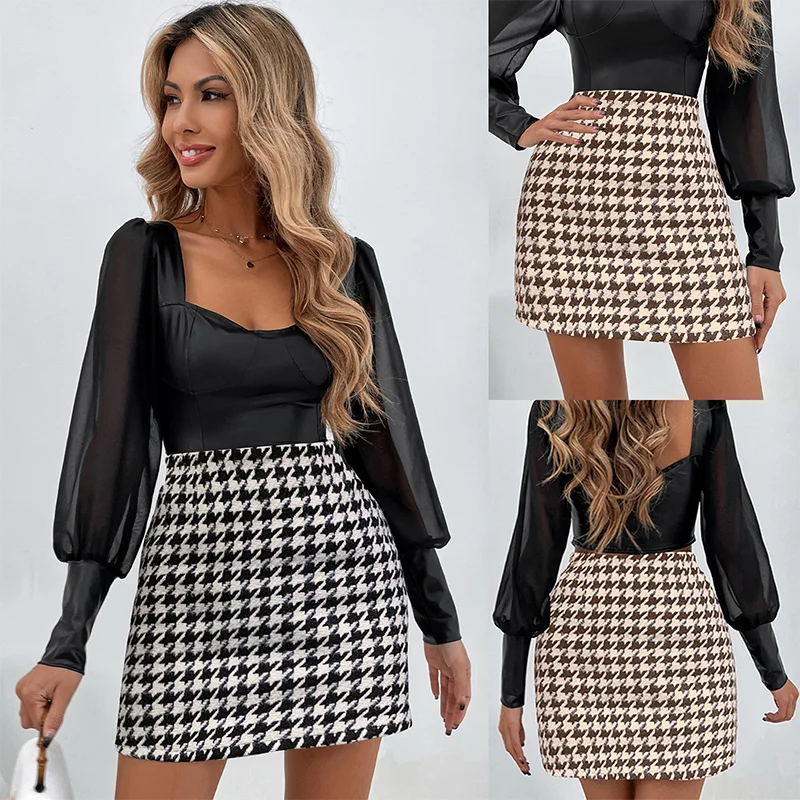 Fashion High Waist Houndstooth A-line Skirt Women Casual Vintage Plaid Mini Dress Lady Korean Temperament Slim Female Hip Skirts