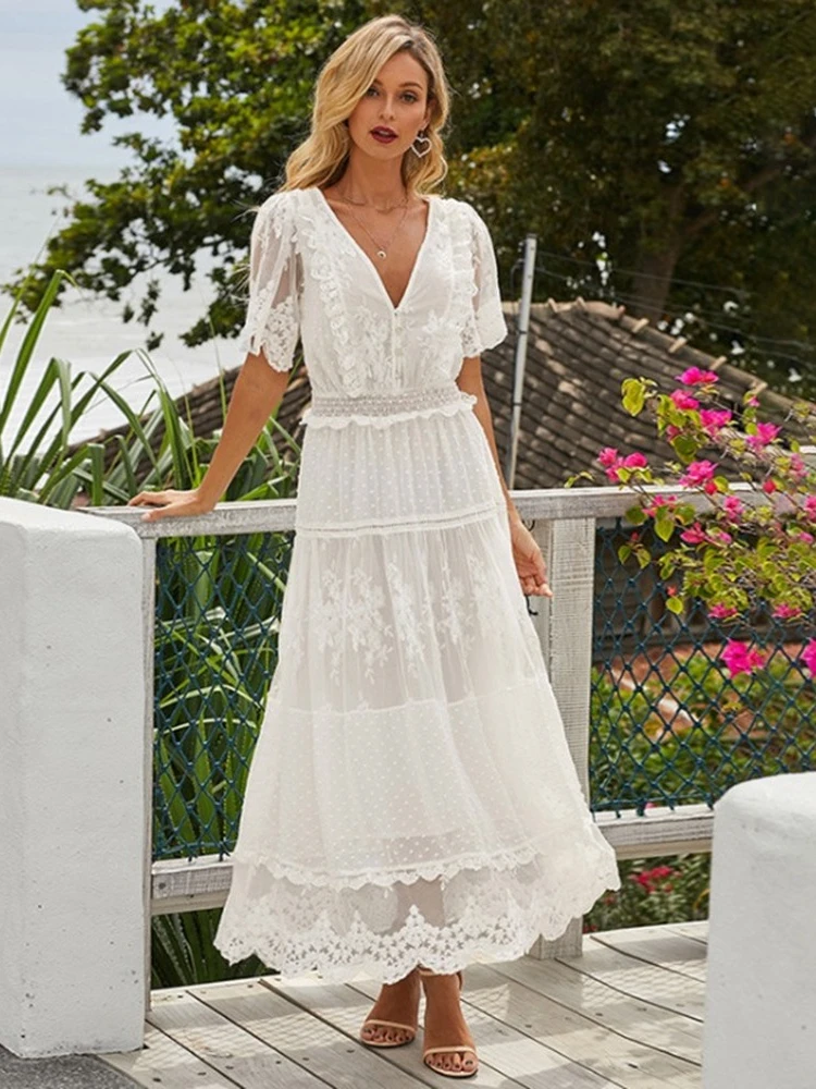 Long Dress Women Summer Elegant Hollow ...