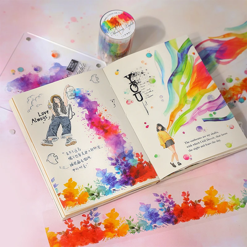 1 롤 레인보우 그라디언트 다이 컷 PET 테이프 Scrapbooking DIY 저널 콜라주 아트 전화 케이스 노트북 장식 선물 공예