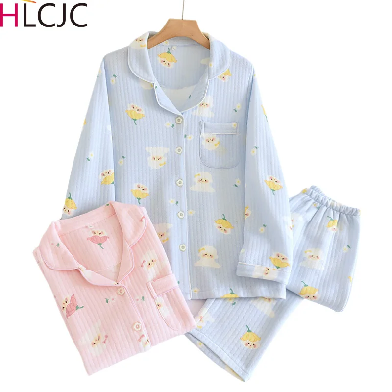 

Winter New Air Layer Quilted Pajama Set Thickened Cotton Long Sleeve Home Clothes Loose Pyjamas Femme Cartoon Warm Pijama Mujer