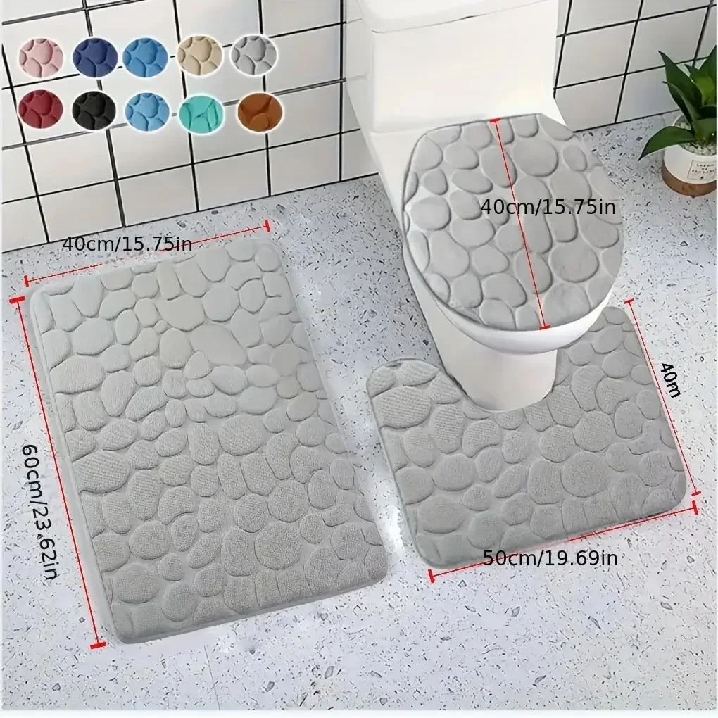 1 Set Bathroom Mat Solid Color Simple Water-absorbing Non-slip Stone Pattern Three-piece Set