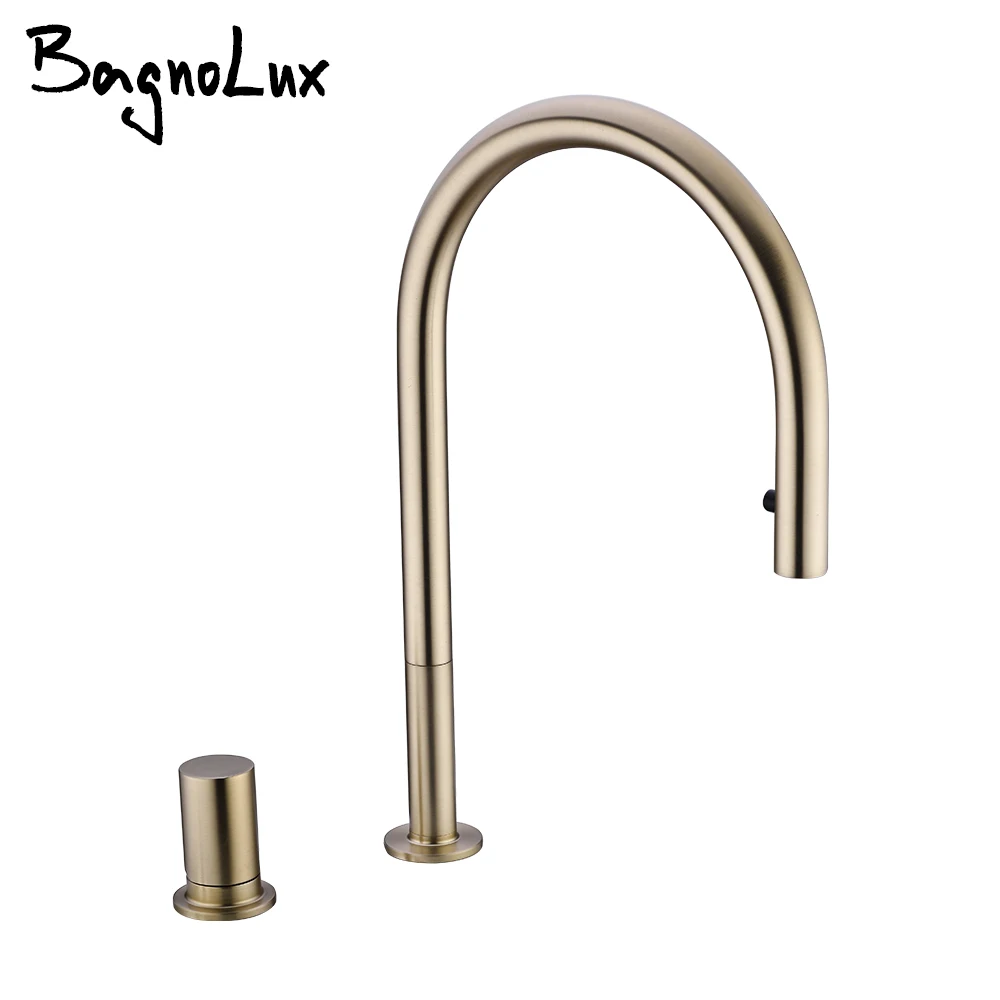 BrushedGoldKitchenFaucetInvisiblePullOutSprayMixerDoubleHole