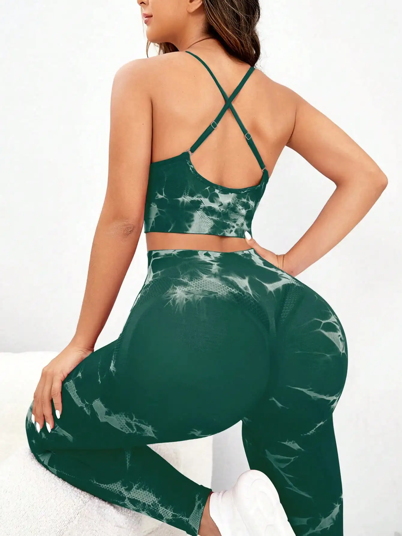 

2pcs Green and Gray Tie Dyeing Seamless Yoga Crisscross Back Tight Leggings Soft Sport Suit Workout Training For Women