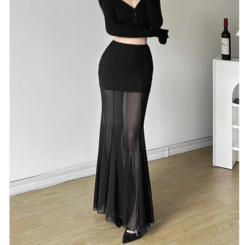 Ele Bla Asymmetrical  Skirt Women's Sexy High Waist Bodycon Tulle Fi Tail Long Skirt Trendy Waste Land Sle