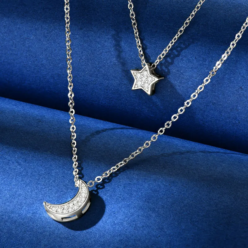 Moon Star Pendant Moissanite Diamond Necklace 925 Silver Double Layer Chains for Women Engagement Wedding Jewelry