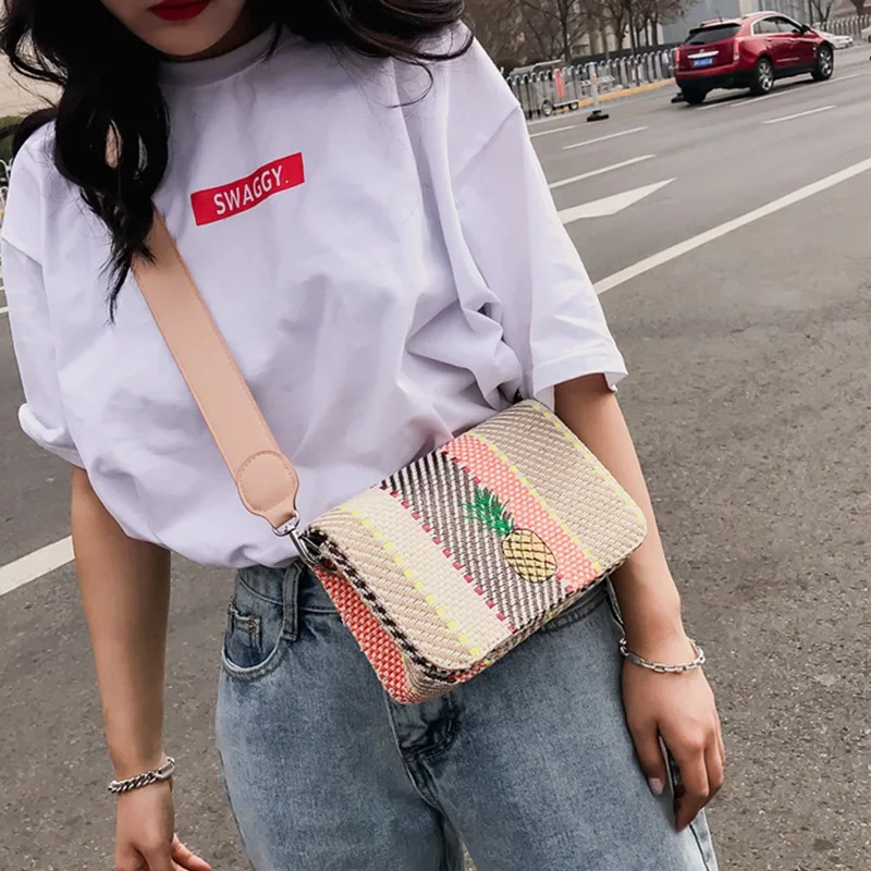 2023 Summer New Women Crossbody Bags Korean Style Striped Straw Bag Vintage Embroidery Pineapple Smallholuder Messenger Flap Bag