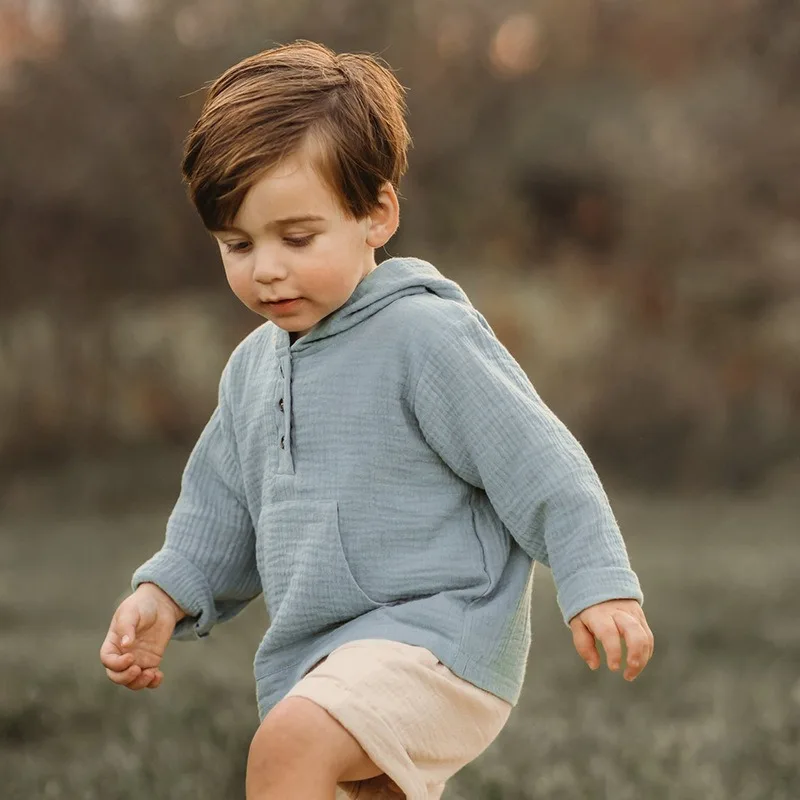 Cotton Double-Layer Gauze Thin Hoodies Casual Children's Spring New Loose Pockets Half Open Buttons Long-Sleeved Shirts