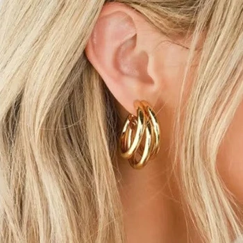 Chunky Multi Layered Hoop Stainless Steel Stud Earrings for Women Gold Color Korean Style Vintage Triple Split Loop Jewelry Gift