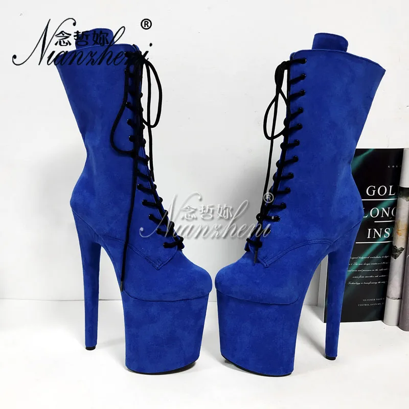 

Strip Pole Dance Sexy Fetish Shoes 20cm Platform Flock Round Toe Big Size Women 8Inch Nightclub Exotic Ankle Boots Thin Heels