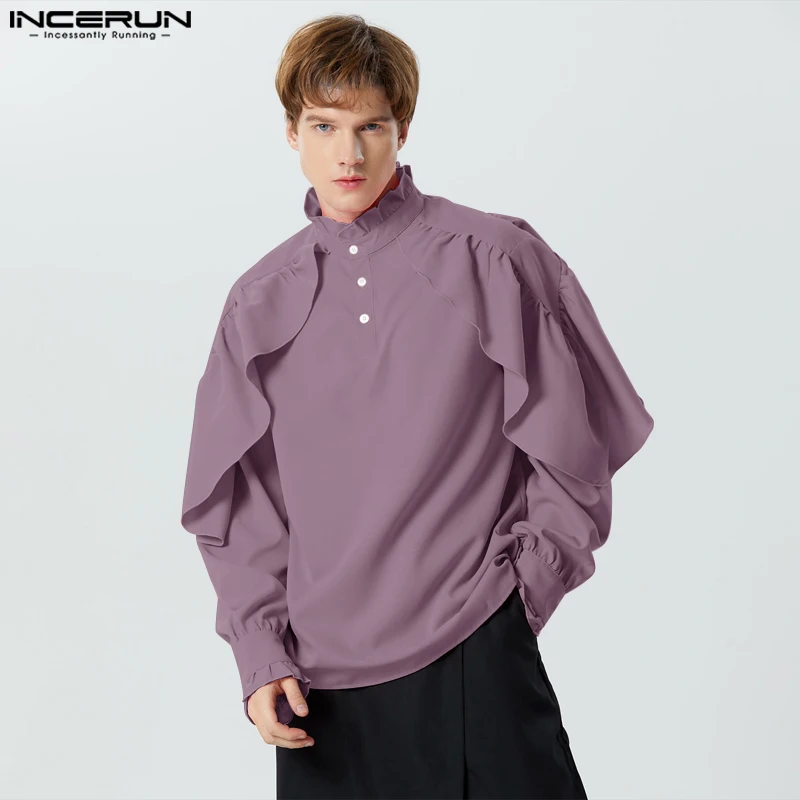 

INCERUN Tops 2023 New Men's Flounce Patchwork Half High Collar Palace Shirts Palace Style Solid Loose Long Sleeved Blouse S-5XL