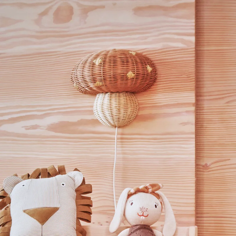 Nordic Style Children's Room Wall Lamp Handmade Rattan Mushroom Shape Wall Mounted Decor Lamp