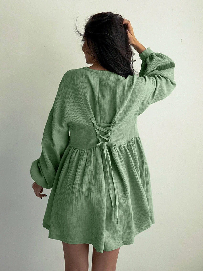 Marthaqiqi Loose Ladies Nightwear Sexy V-Neck Sleepwear Long Sleeve Nightgowns Mini Dress Casual Autumn Home Clothes For Women