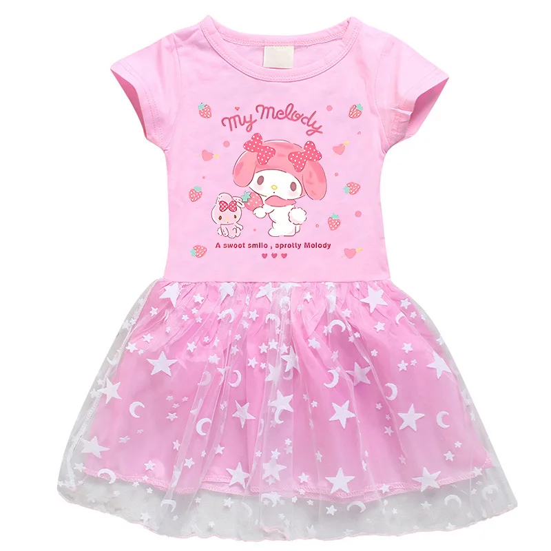 

Sanrio Melody 2023 New Korean Style Girls Dress Half Sleeve Summer Cartoon Star Mesh Short Sleeve Princess Dress