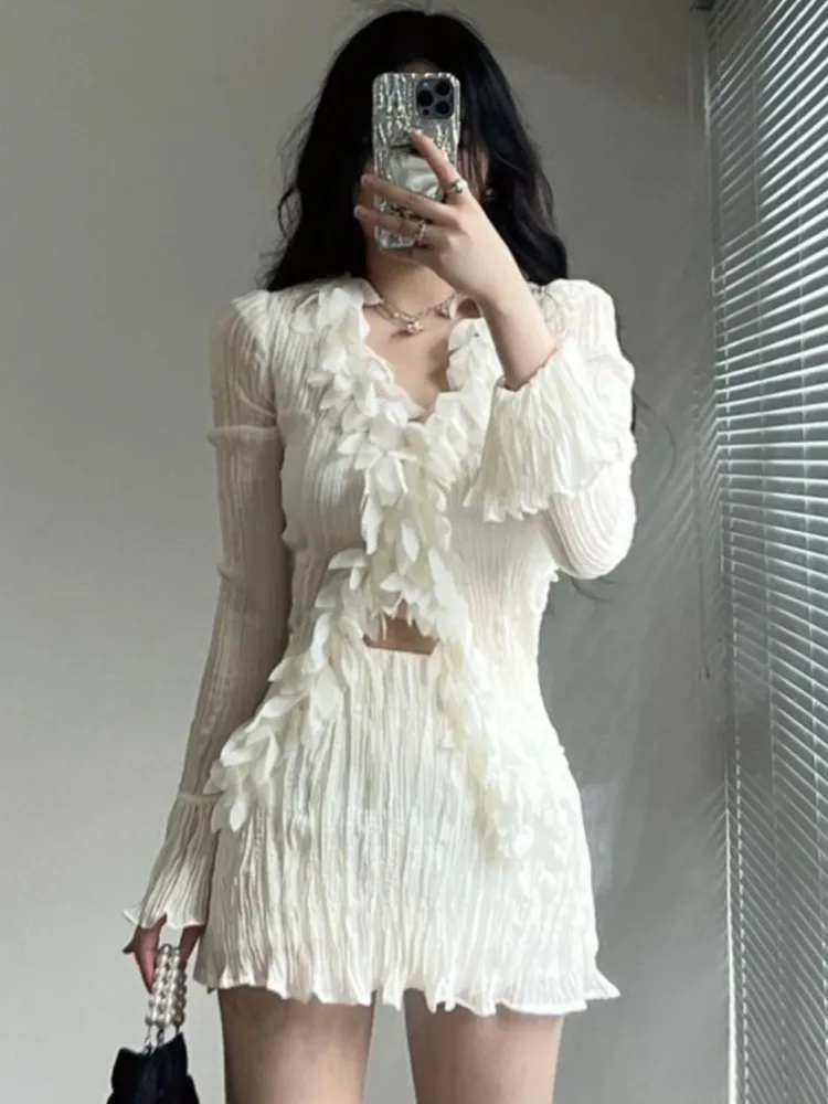 

Sexy Ruffles Elegant 2 Piece Set Women V-Neck Flare Sleeve Top Pleated Mini Skirt Autumn Spring Female Fashion Patchwork Outfits