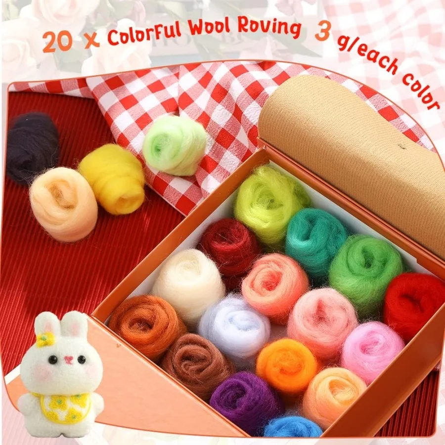 MIUSIE Needle Felting Kit Wool Roving 20 Colors Set Wool Felting Kit Felt Molds with Portable Storage Box for DIY Craft