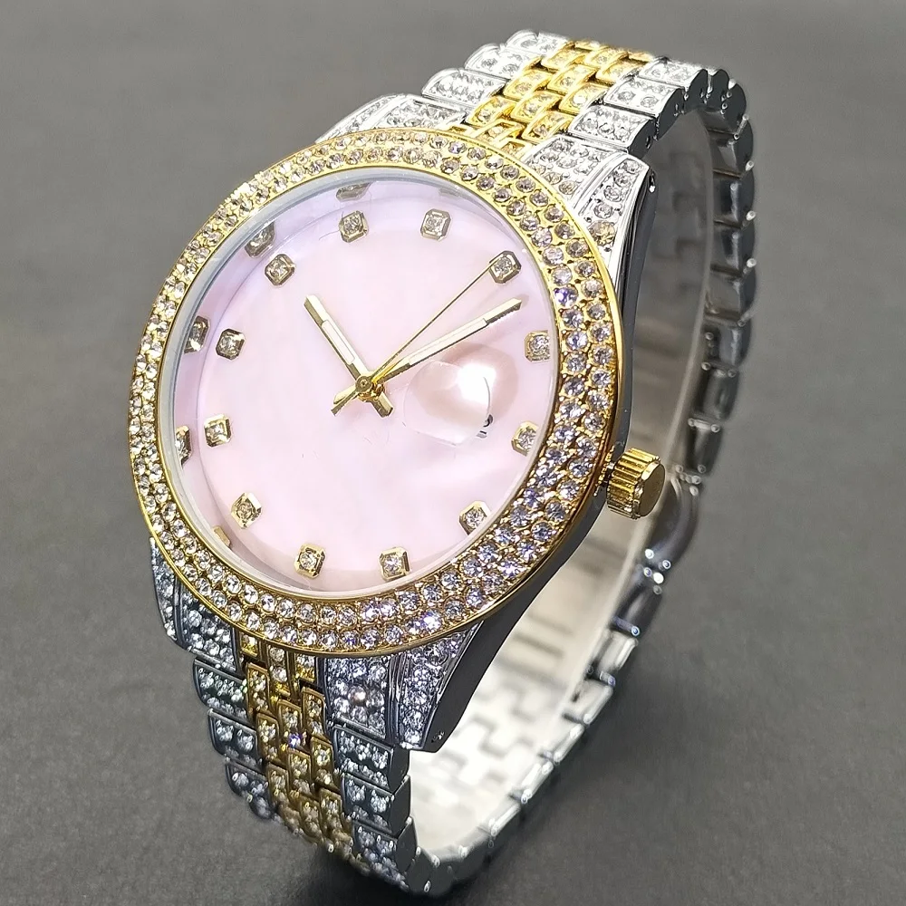 

MISSFOX Men Watches Hot Selling Fashion Bling Top Brand Male Quartz Clocks Pink Dial Iced Out Diamond Calendar Men‘s Wrist Watch