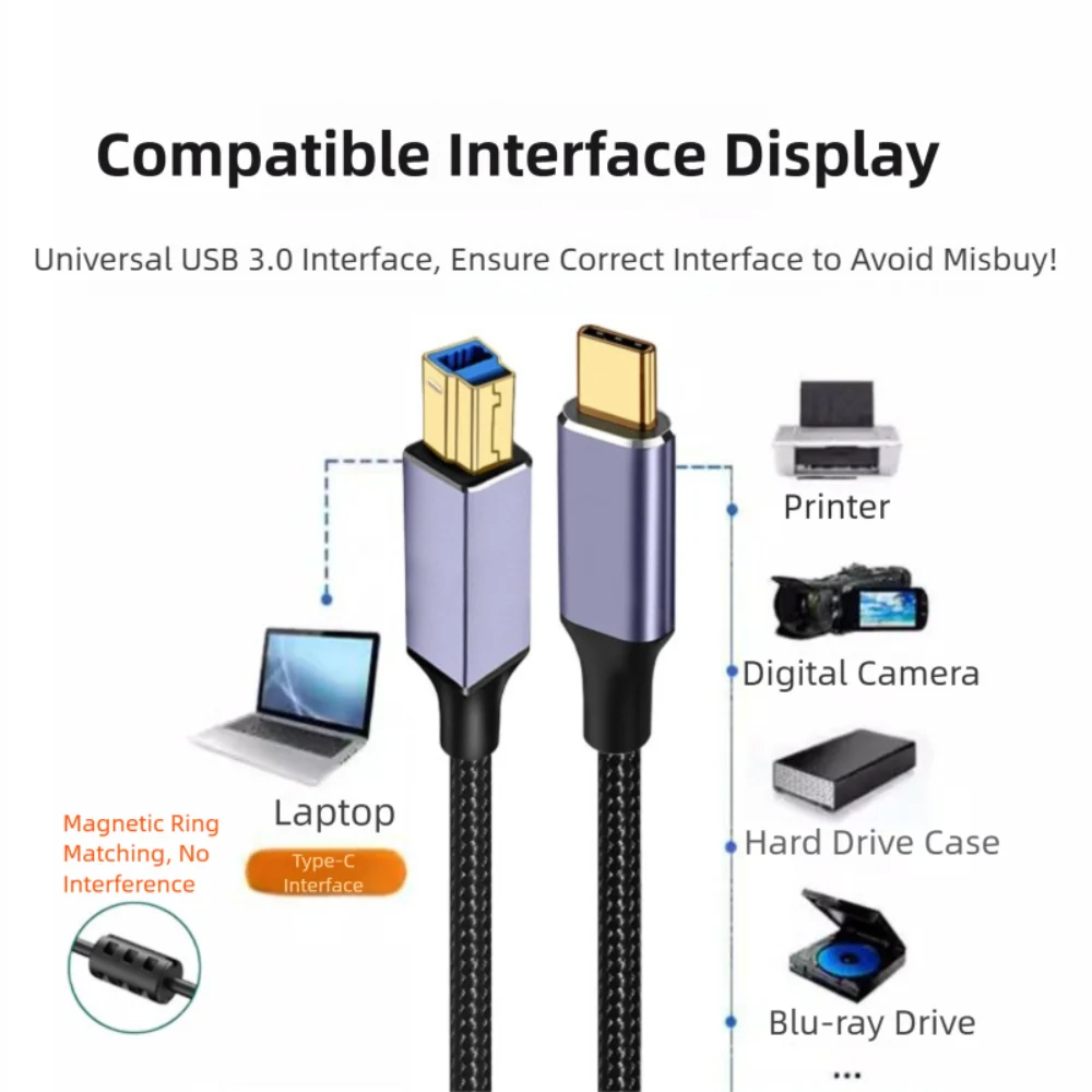 Male to Male USB C to USB B 3.0 Cable Data Transfer Gold Plated Scanner Wire Braided Nylon Durable SSD Line for Epson/HP/Canon