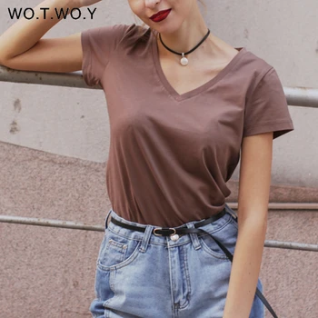 High Quality V-Neck 15 Candy Color Cotton Basic T-shirt Women Plain Simple T Shirt For Women Short Sleeve Female Tops 077 2