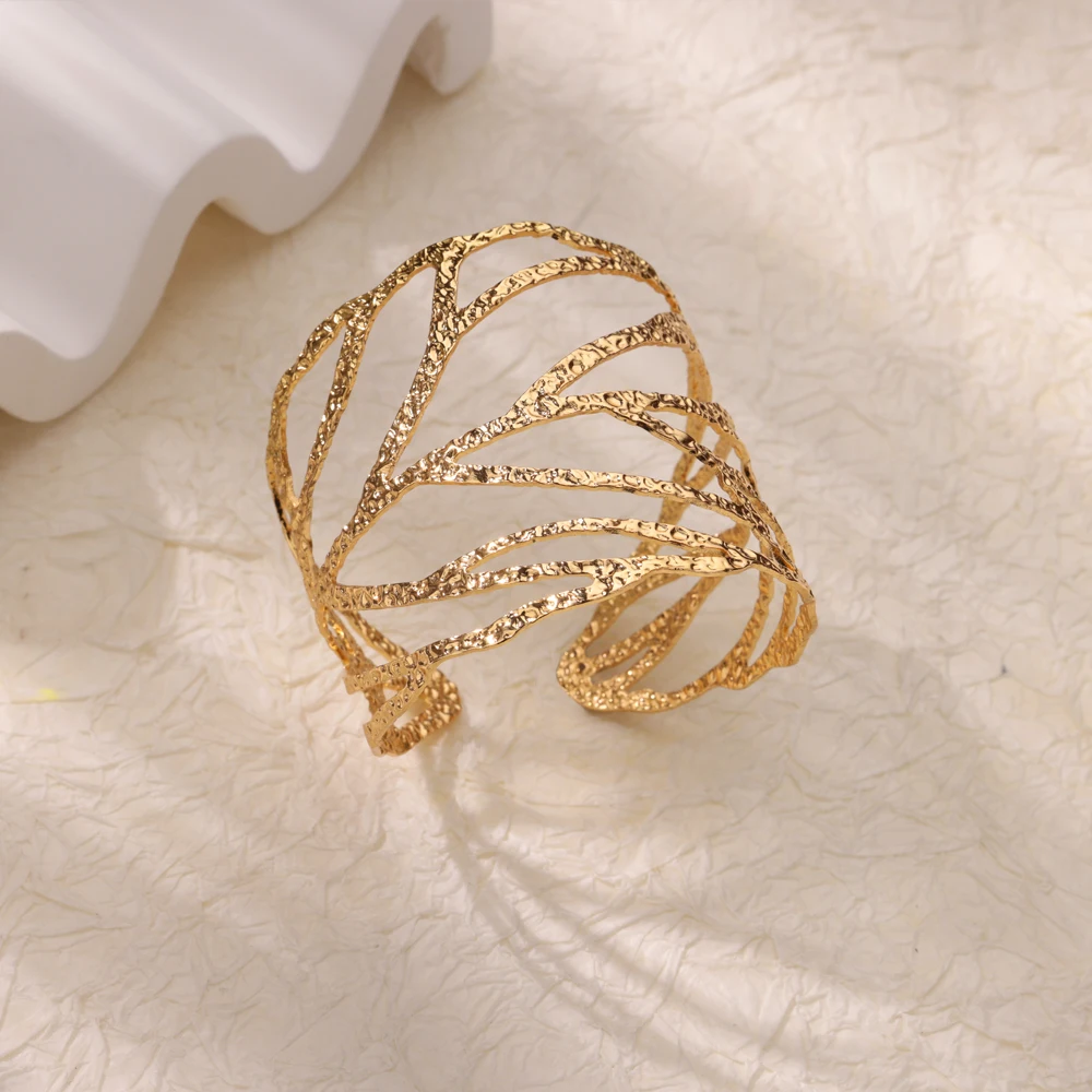 Gold Color Geometric Aesthetic Flower Leaf Bangle - Stainless Steel Bracelet