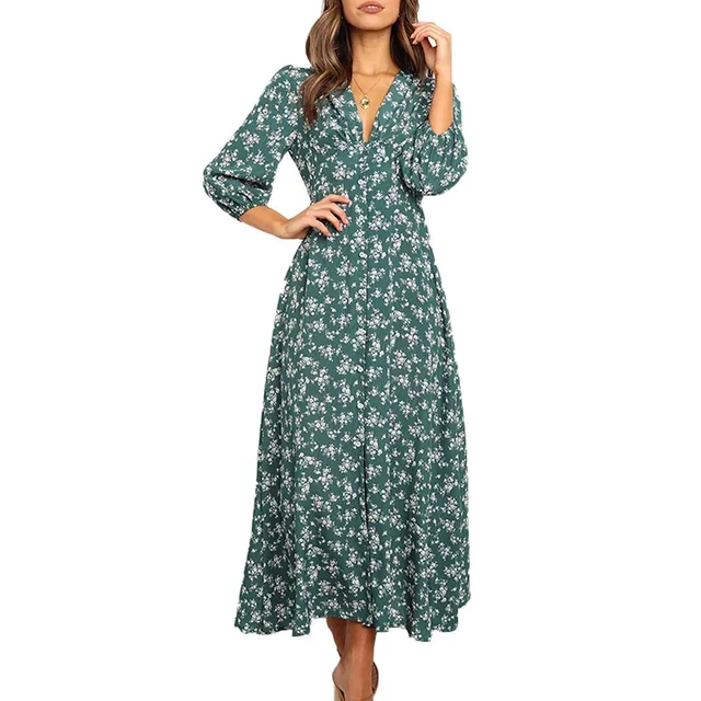 Womens Long Sleeve Bohemian Floral Maxi Dresses Loose Casual High Waist Boho Printed Maxi Dress Beach Dress 2