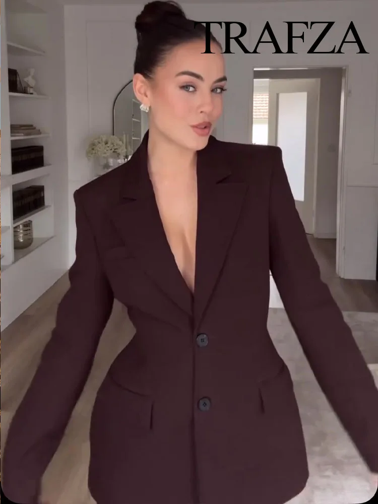 TRAFZA Women Fashion Suits Brown Turn-Down Collar Long Sleeves Single Breasted Blazer+High Waist Zipper Skirt Female Spring Sets 5