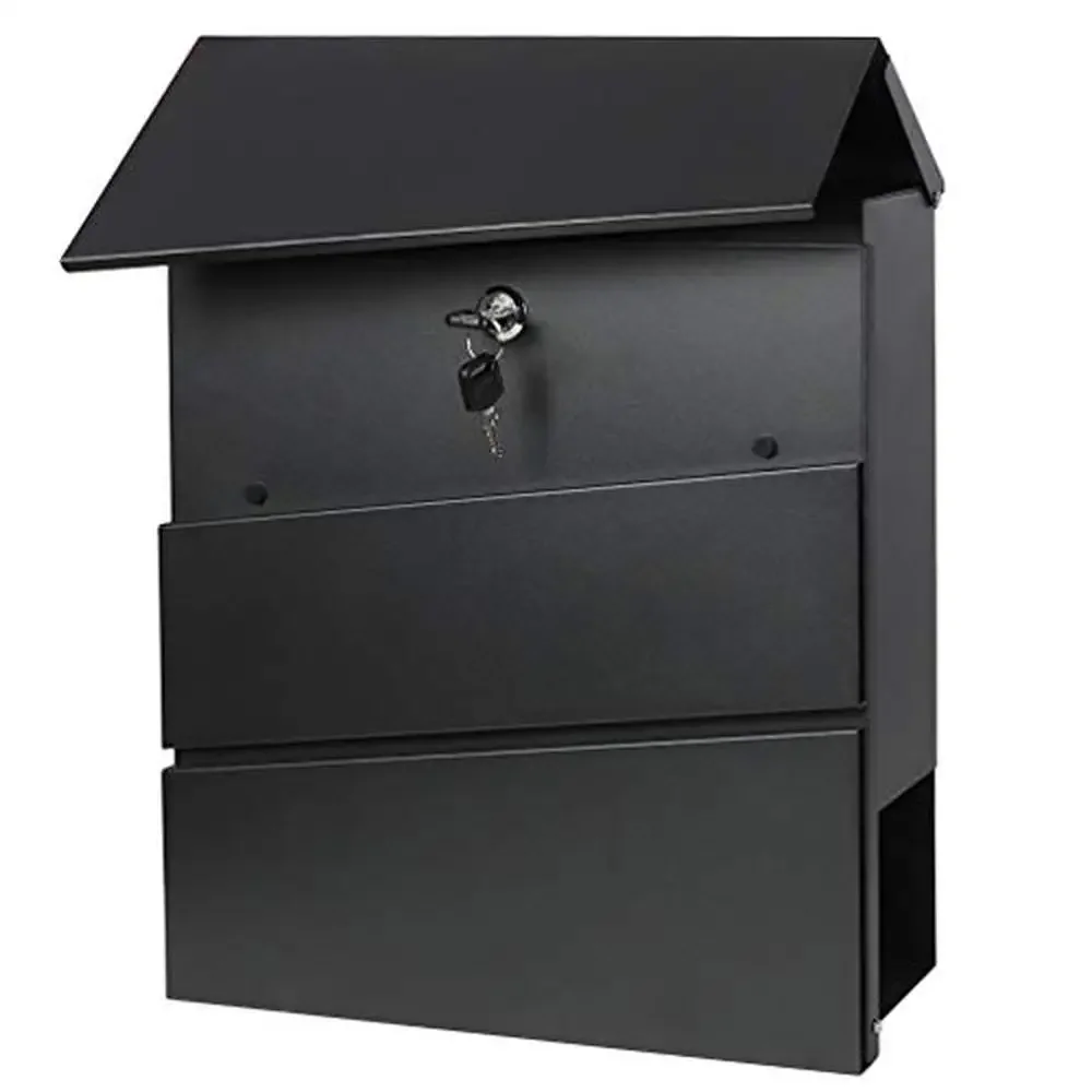 Lockable Wall Mounted Mailbox with Large Capacity and Newspaper Bucket Durable Alloy Steel Construction Waterproof Cover Black