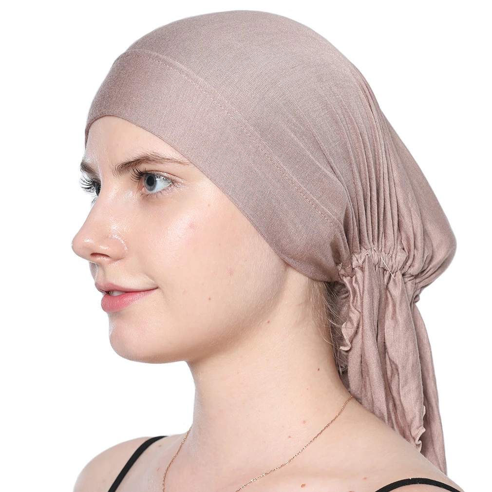  - Elastic Ruched Caps Stretch Mercerized Cotton Inner Hijab For Muslim Woman Plain Hijab Undercap Casual Ladies Bonnet One Size