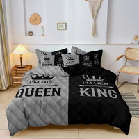 Ensemble de housse de couette imprimée King & Queen pour couple, 3 pièces, design romantique en couronne de cœur, contraste rose noir pour la douceur avec une élégance 6