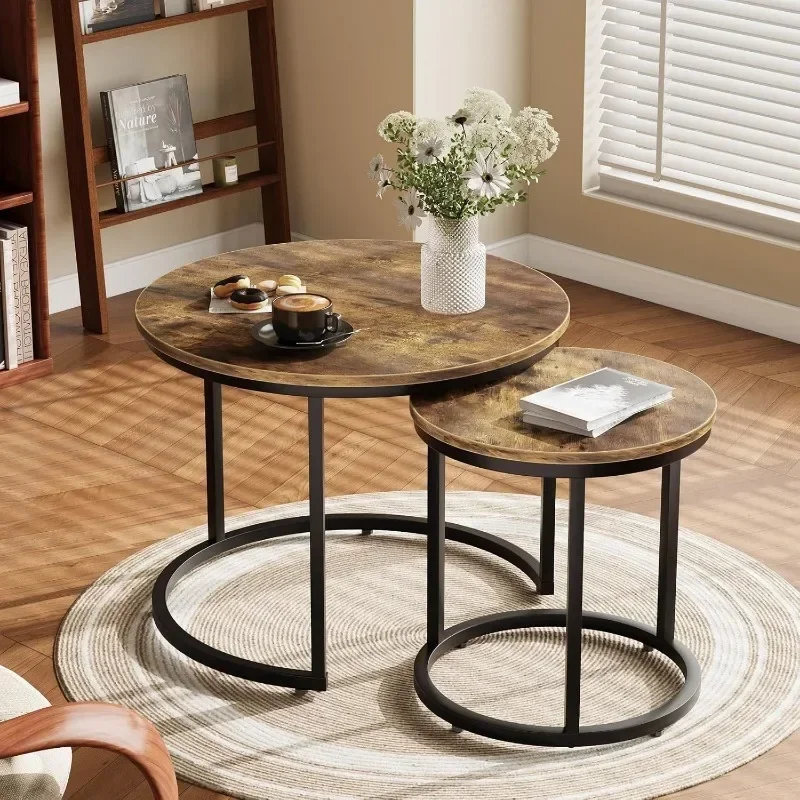 Nesting Coffee Table Set of 2, 23.6" Round Coffee Table Rustic Wood Top with Adjustable Non-Slip Feet, Industrial End Table 3