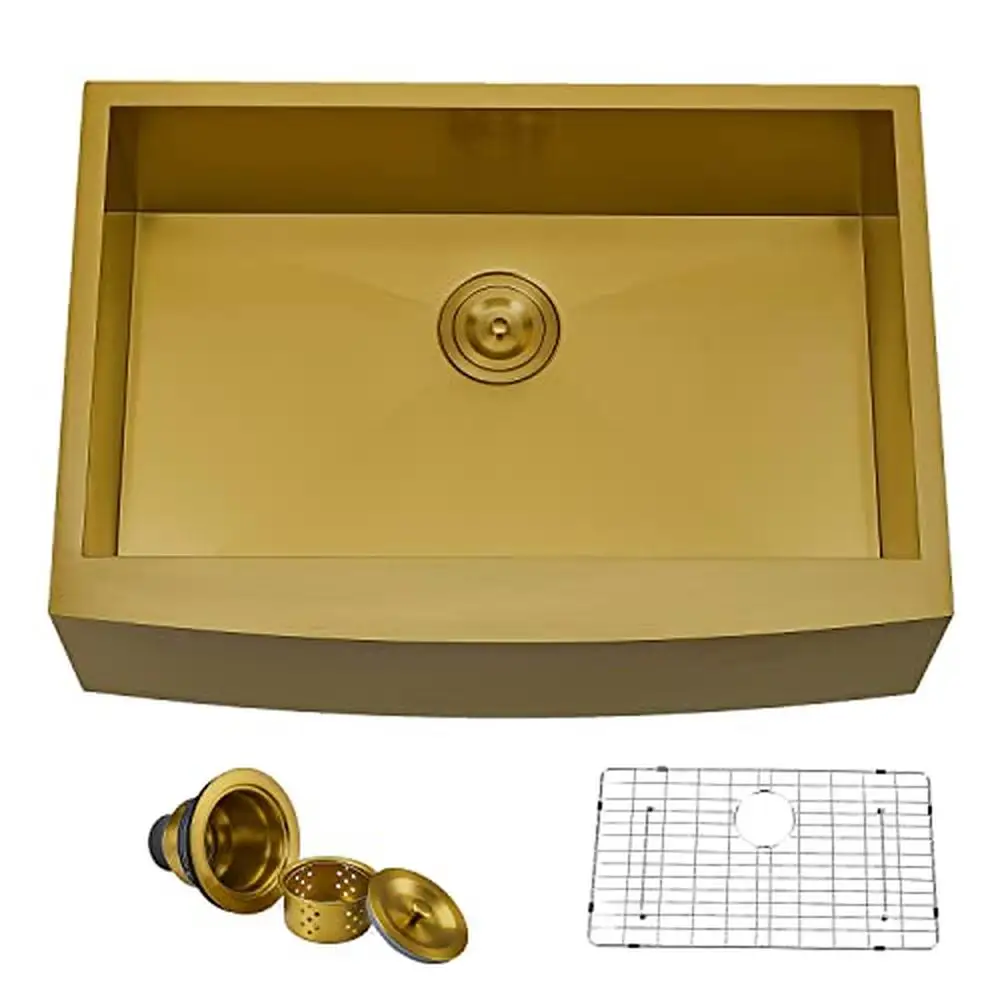 Gold Stainless Steel Farmhouse Kitchen Sink 33 Inch Single Bowl Brushed Brass Apron Front Durable 304 Material Scratch Resistant 3