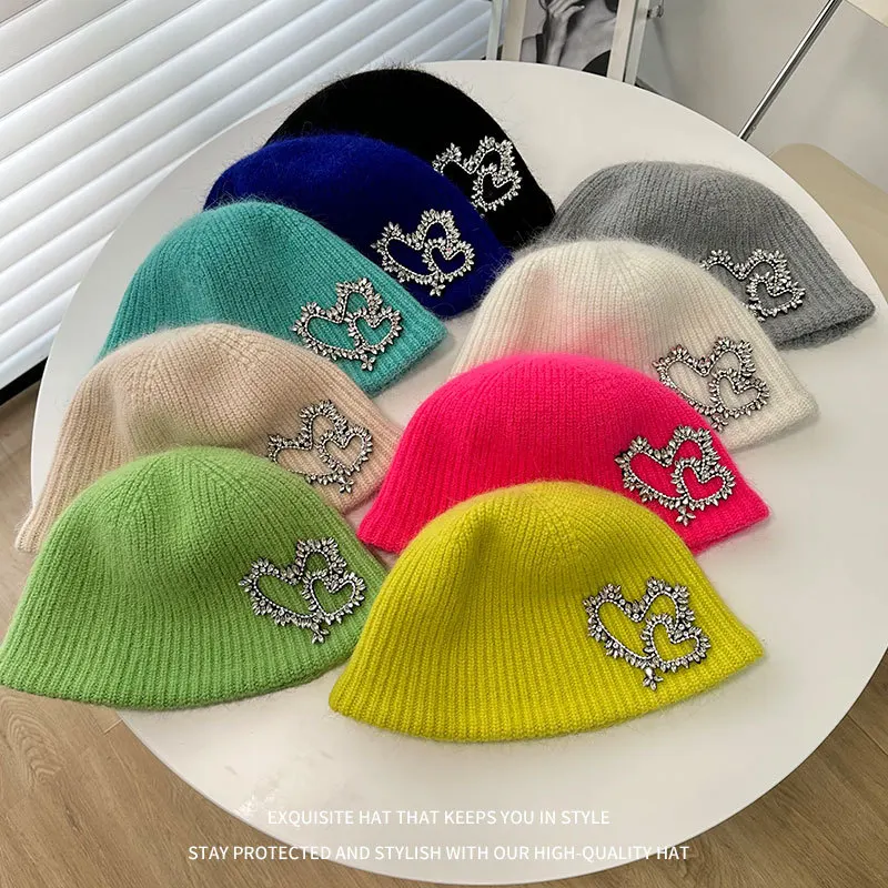 

Real Rabbit Fur Winter Knitted Bucket Hat Luxury Rhinestones Heart Pattern Panama Fisherman Hats Leisure Streetwear Basin Cap