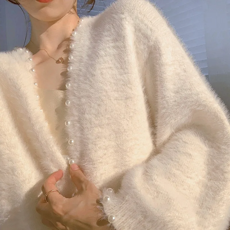 

Female Pearls Beading Sweater Coat Knitted Mohair Oversized Cardigan Autumn Loose Mink Cashmere Jacket Furry Tops Mujer Sueter