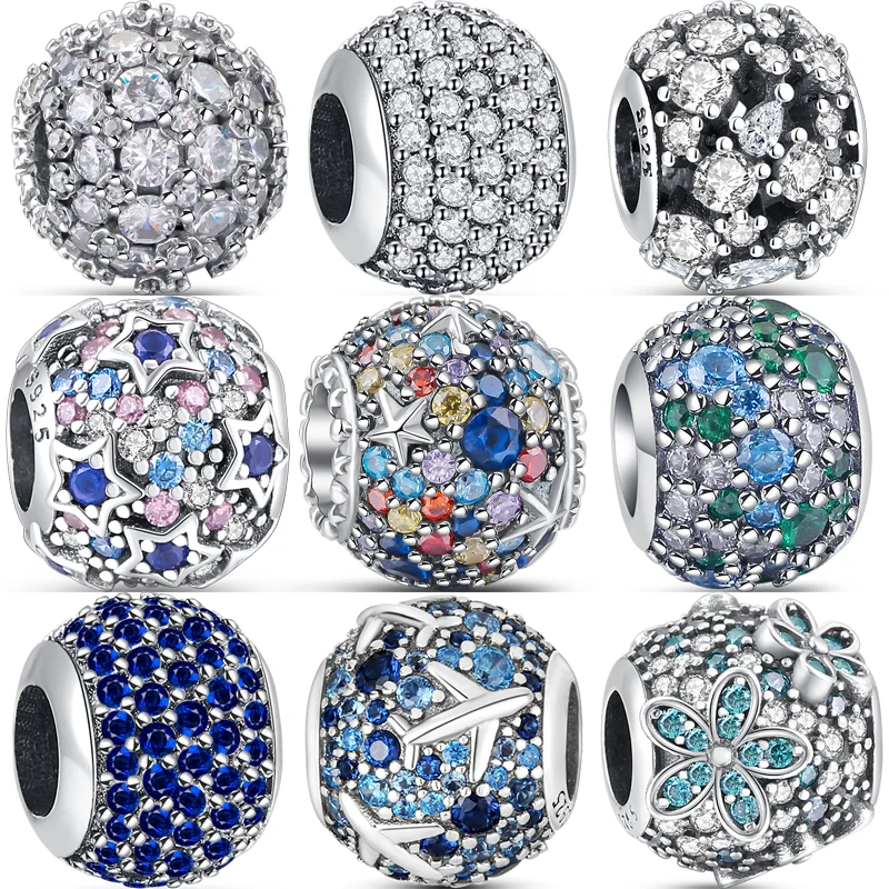 

925 Sterling Silver Pavé Clear Zircon Starfish Flowers Stars Sparkling Round Beads Fit Original Pandora Charms Bracelet Jewelry