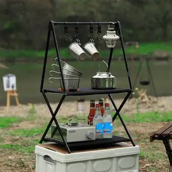 캠핑 테이블 걸이 랙 접이식 보관 랙, 랜턴 고리가 있는 다층 휴대용 행어, 하이킹 낚시 피크닉 BBQ